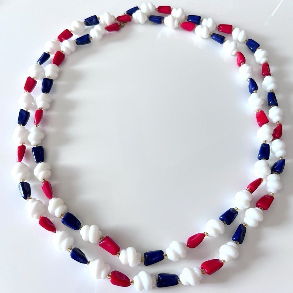 Vintage Red White & Blue Long Beaded Necklace